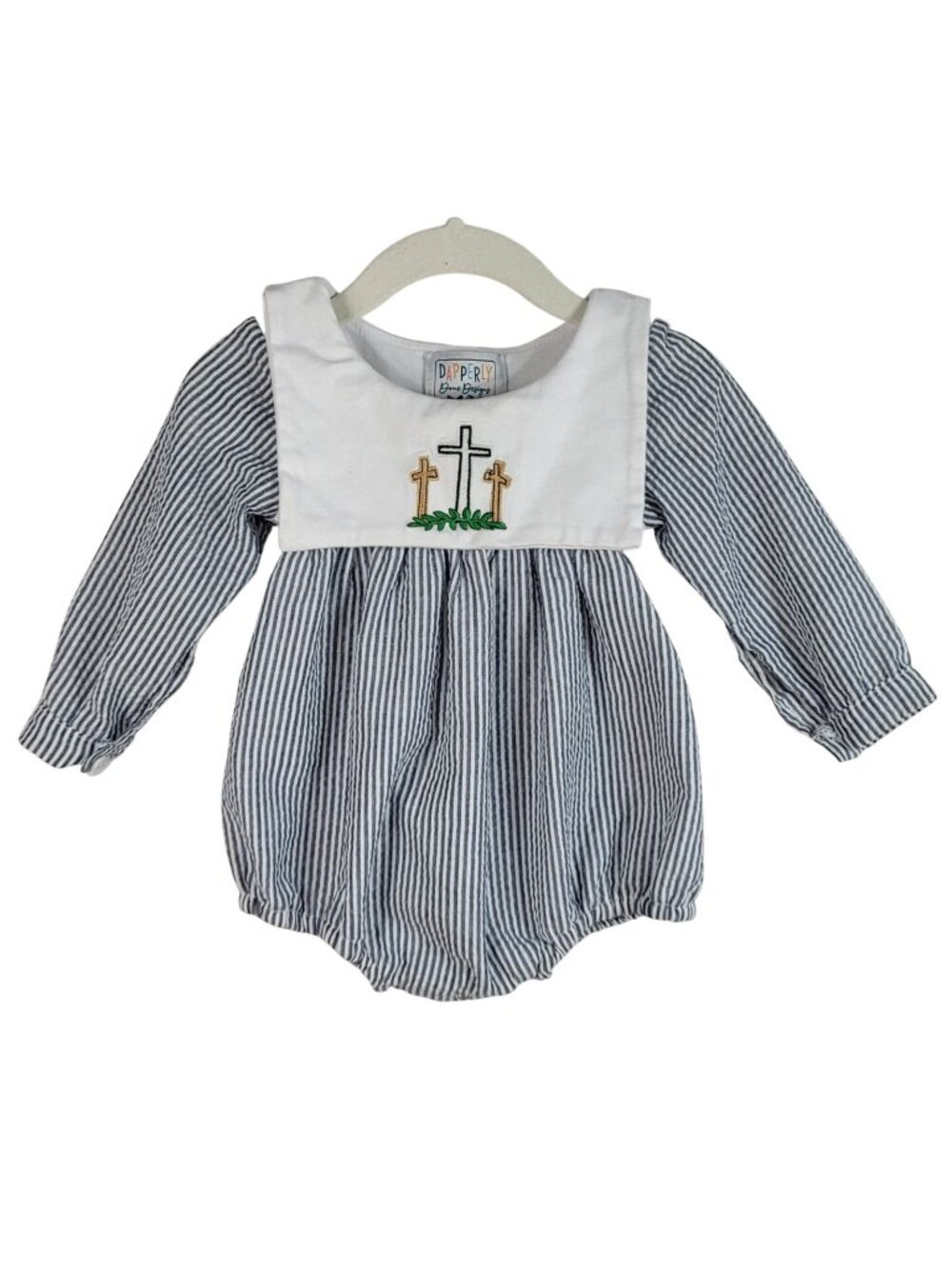 Dapperly Done Baptism Romper Blue White 6-12M Striped Seersucker Long Sleeve